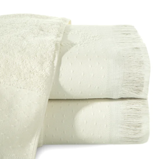 Ręcznik bawełniany z żakardową bordiurą i frędzlami - 70 x 140 cm - kremowy