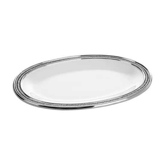 Patera MATI z dolomitu owalna ze srebrnym brzegiem dekorowanym kryształkami - 36 x 25 x 3 cm - biały