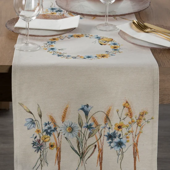 Bieżnik z grubszej tkaniny gobelinowej z nicią szenilową z motywem polnych kwiatów - 40 x 100 cm - naturalny