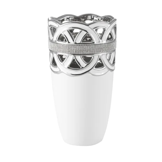 Wazon ceramiczny zdobiony ażurowym wzorem i kryształkami - ∅ 16 x 28 cm - biały