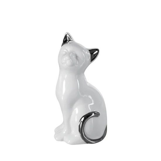 Kot - figurka ceramiczna biało-srebrna - 8 x 6 x 15 cm - biały