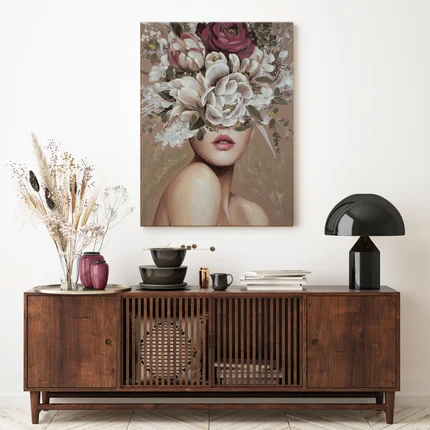 Obraz BLOSSOM 1 ręcznie malowany na płótnie portret kobiety z kwiatami na głowie Obraz BLOSSOM 1 ręcznie malowany na płótnie portret kobiety z kwiatami na głowie - 60 x 80 cm
