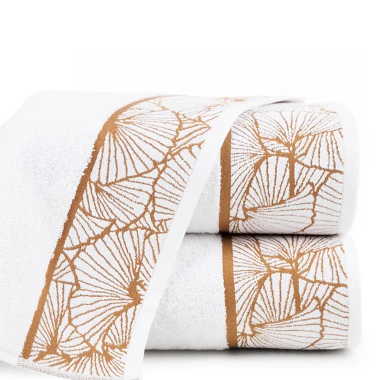 LIMITED COLLECTION ręcznik LUNA 3 z miękkiej bawełny z żakardową bordiurą z motywem liści miłorzębu BLASK BIELI - 70 x 140 cm - biały