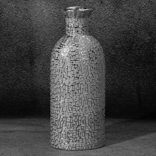 Wazon ceramiczny RISO z drobnym błyszczącym wzorem - 16 x 11 x 40 cm - srebrny