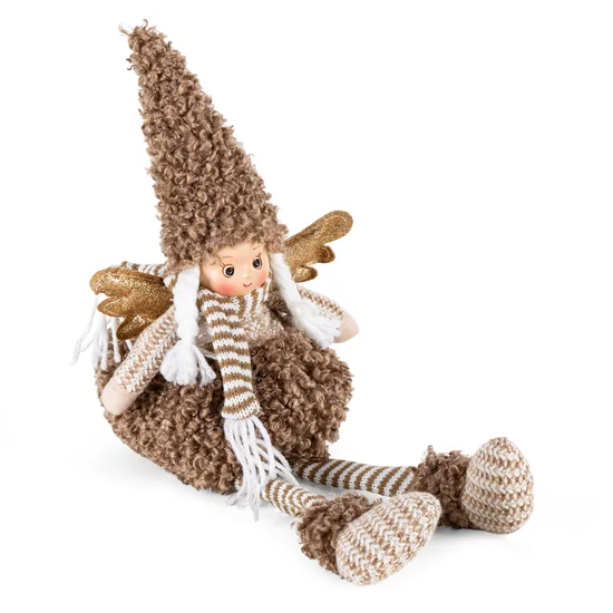 Figurka świąteczna laleczka elf w sukience z bukli siedząca w stylu eko - 16 x 10 x 40 cm - brązowy