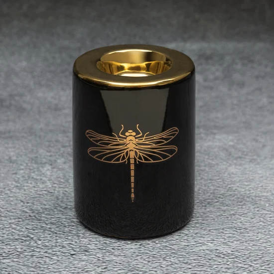 Świecznik ceramiczny z nadrukiem złotej ważki - ∅ 7 x 10 cm - czarny