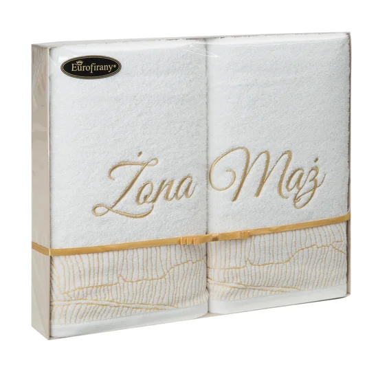 Zestaw prezentowy - komplet 2 szt ręczników dla pary z haftem ŻONA MĄŻ, oryginalny prezent z okazji ślubu, rocznicy - 35 x 30 x 5 cm - kremowy