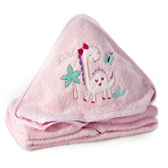 Ręcznik BABY z kapturkiem i haftowaną aplikacją z dinozaurem - 75 x 75 cm - różowy