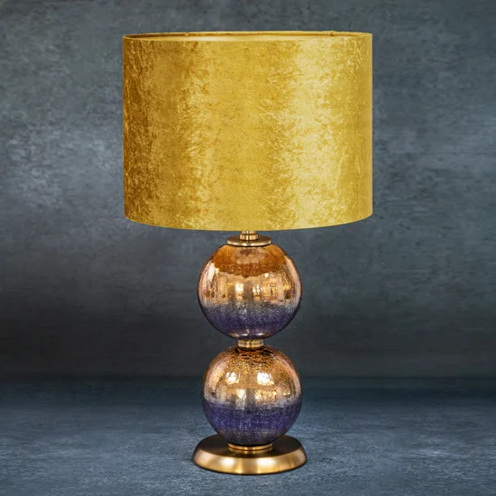 Lampa stołowa SABRINA na szklanej podstawie ze złoto-granatowego szkła z welwetowym abażurem - ∅ 36 x 61 cm - musztardowy