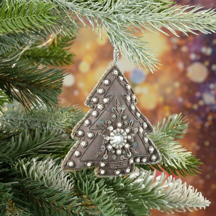 Ozdoba na choinkę CHOINKA zdobiona koralikami i ozdobnym sznurem 9 x 1.5 x 9 cm szary