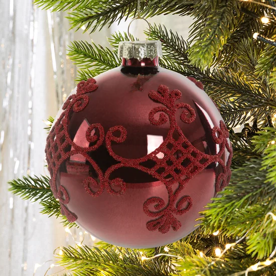 Bombka szklana z wypukłym ornamentem ręcznie zdobiona, błyszcząca - ∅ 8 cm - czerwony