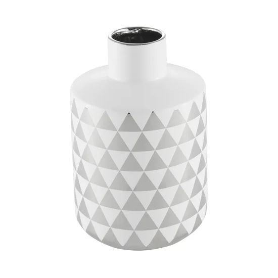 Wazon ceramiczny z geometrycznym biało-srebrnym wzorem - ∅ 15 x 25 cm - biały/srebrny