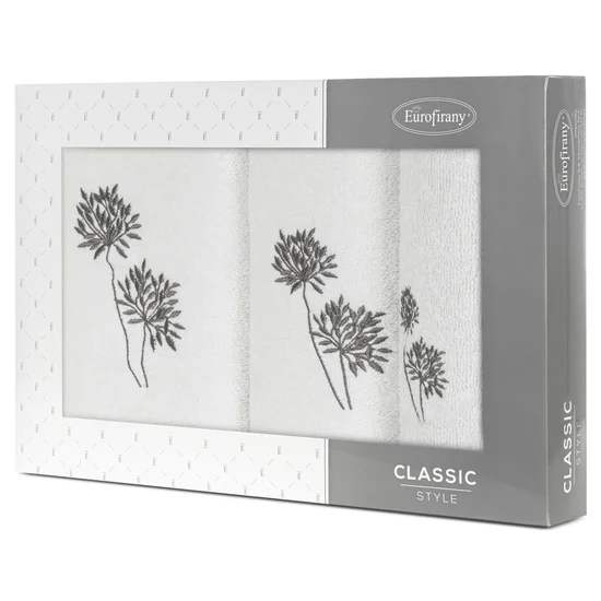 Zestaw upominkowy 3 szt ręczników z haftem kwiatowym w kartonowym opakowaniu na prezent - 56 x 36 x 7 cm - biały