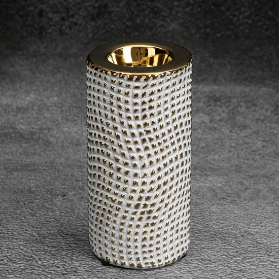 Świecznik ceramiczny VERDA  z drobnym wytłaczanym wzorem - ∅ 8 x 15 cm - biały