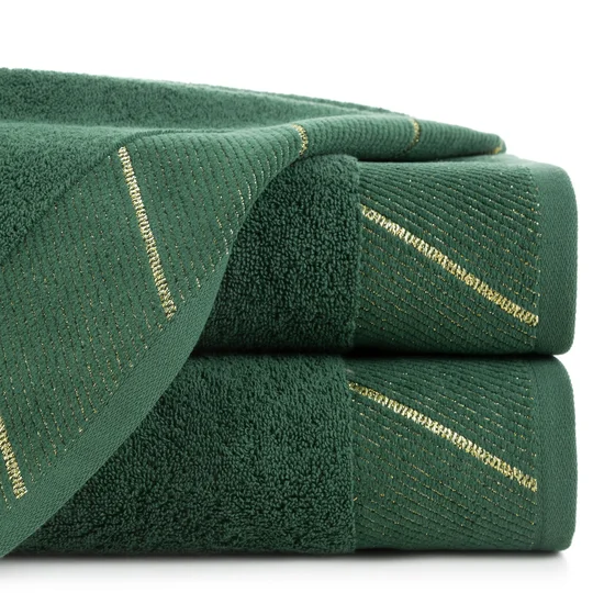 Ręcznik z szenilową bordiurą w błyszczące ukośne paski - 30 x 50 cm - butelkowy zielony