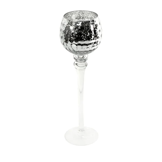 Świecznik szklany VENICE na wysmukłej nóżce ze srebrzystym kielichem o marmurkowej strukturze - ∅ 13 x 40 cm - biały
