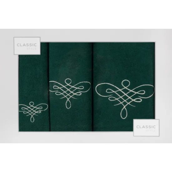 Komplet ręczników z ornamentowym haftem w kartonowym opakowaniu - 56 x 36 x 7 cm - butelkowy zielony
