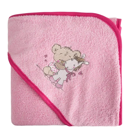 Ręcznik BABY z kapturem z haftowaną aplikacją z misiem i osiołkiem Ręcznik BABY z kapturem z haftowaną aplikacją z misiem i osiołkiem - 100 x 100 cm
