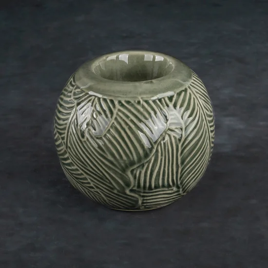 Świecznik ceramiczny DARA z wytłaczanym wzorem liści - ∅ 10 x 9 cm - turkusowy