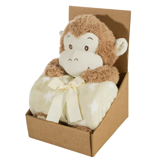 Zestaw koc dziecięcy z zabawką przytulanką małpka - 100 x 75 cm - brązowy