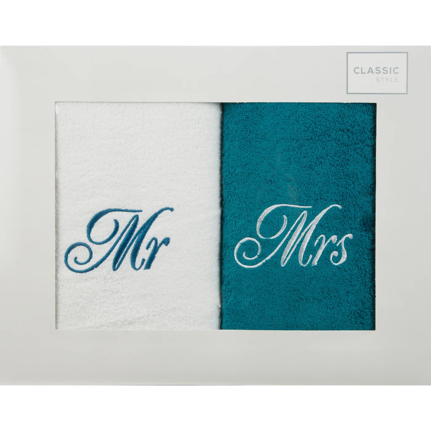 Komplet ręczników z haftem Mrs&Mr w kartonowym opakowaniu