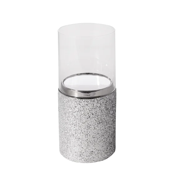 Świecznik ceramiczny dekorowany brokatem ze szklaną osłonką - ∅ 12 x 25 cm - srebrny