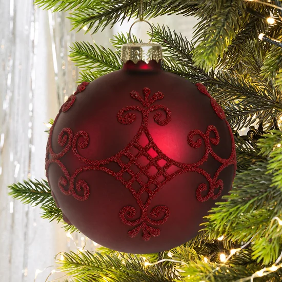 Bombka szklana z wypukłym ornamentem ręcznie zdobiona, matowa - ∅ 8 cm - czerwony
