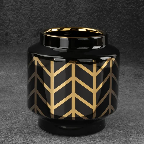 Wazon ceramiczny z geometrycznym wzorem czarno-złoty - ∅ 12 x 13 cm - czarny