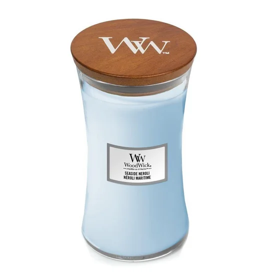 WOOD WICK -  świeca  duża z drewnianym knotem - Seaside Neroli - ∅ 11 x 18 cm - niebieski