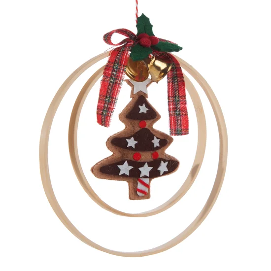 Ozdoba świąteczna - zawieszka z filcową choinką i dzwoneczkami - 19 x 2 x 30 cm - brązowy