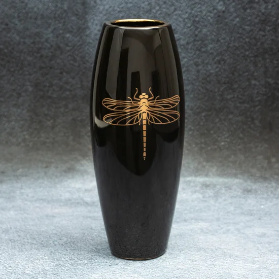 Wazon ceramiczny z nadrukiem złotej ważki - ∅ 12 x 30 cm - czarny