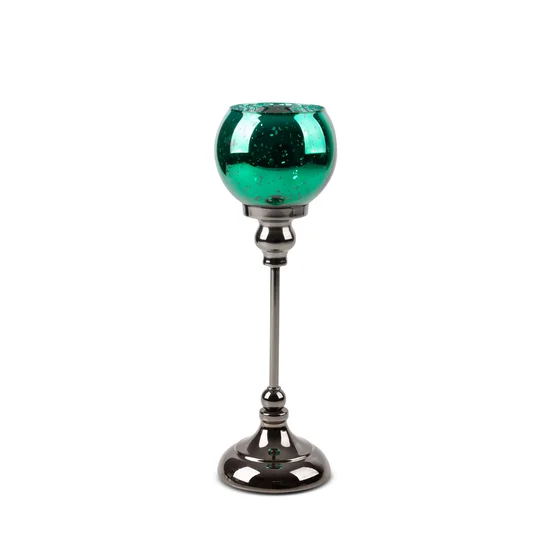 Świecznik bankietowy szklany FIBI  na wysmukłej metalowej  nóżce ze szklanym kloszem - ∅ 12 x 35 cm - zielony