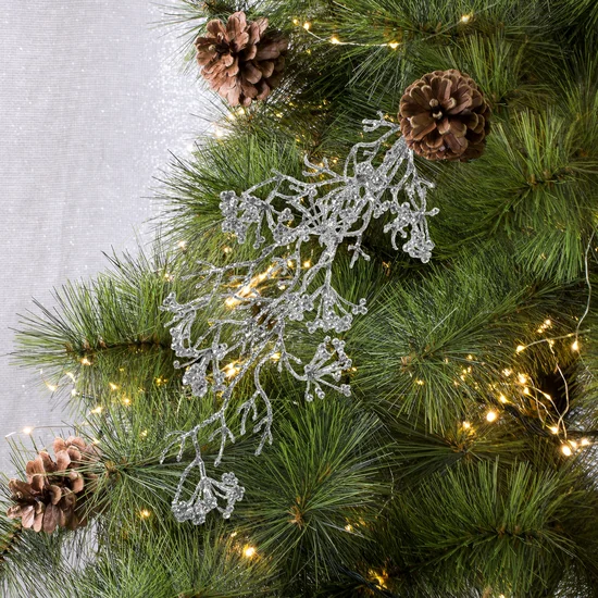 Zimowa gałązka ostrokrzewu obsypana srebrnym brokatem - 73 cm - srebrny