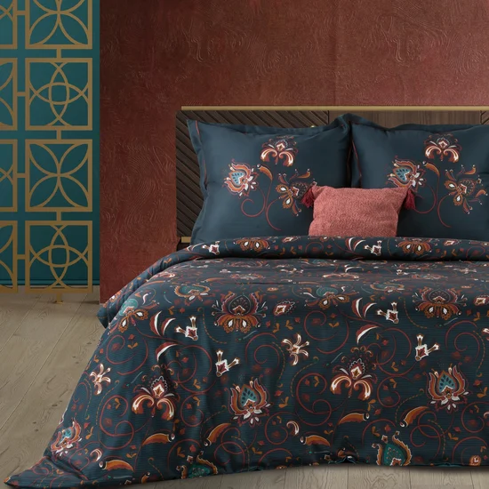 TERRA COLLECTION Komplet pościeli  MOROCCO 1 z makosatyny bawełnianej z kwiatami w stylu orientalnym - 160 x 200 cm - ciemnoniebieski