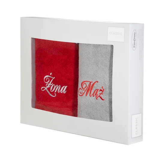 Zestaw upominkowy 2 szt. ręczników  z haftem ŻONA i MĄŻ w kartonowym opakowaniu na prezent - 47 x 37 x 7 cm - popielaty