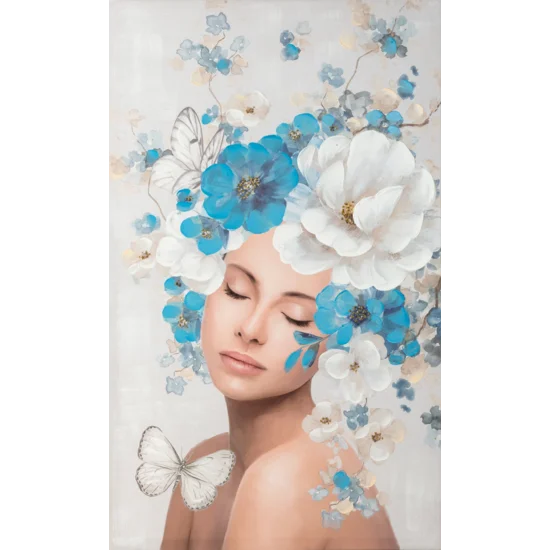Obraz ROMANCE 4 portret kobiety w nakryciu głowy z kwiatów ręcznie malowany na płótnie - 60 x 100 cm - niebieski