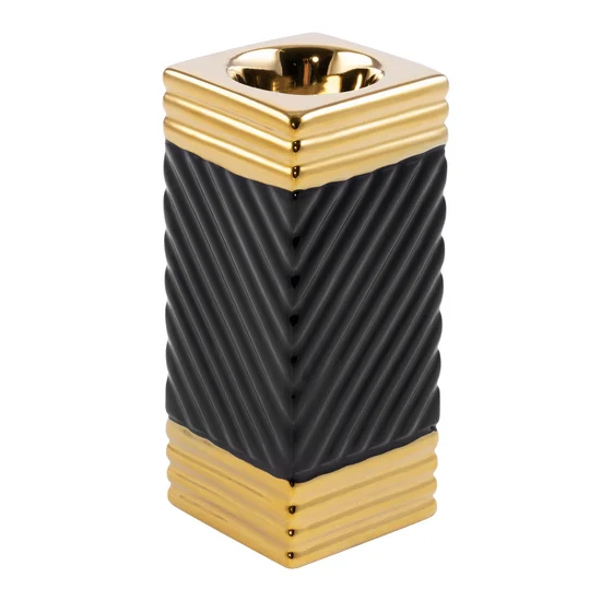 Świecznik ceramiczny czarno-złoty z wytłaczanym geometrycznym wzorem - 6 x 6 x 15 cm - czarny
