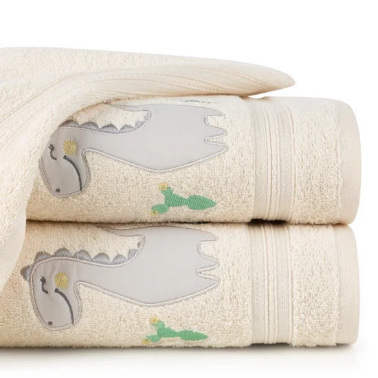 Ręcznik BABY dla dzieci z naszywaną aplikacją z dinozaurem - 50 x 90 cm - kremowy