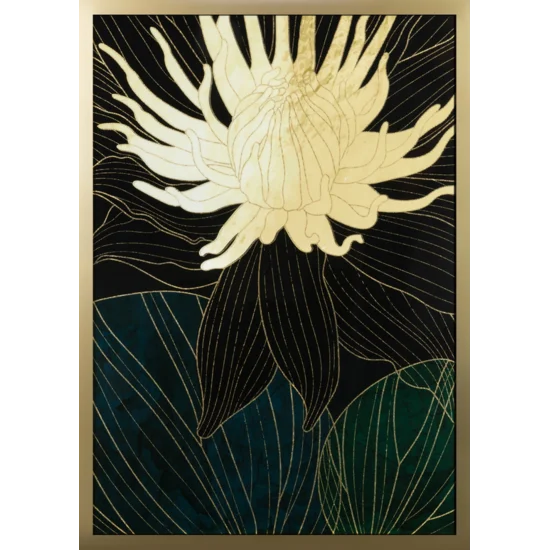 Obraz z nadrukiem liści i kwiatów w złotej ramce - 53 x 73 cm - zielony
