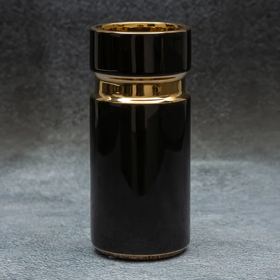 Wazon ceramiczny o nowoczesnym kształcie czarno-złoty z geometrycznym wzorem - ∅ 9 x 20 cm - czarny
