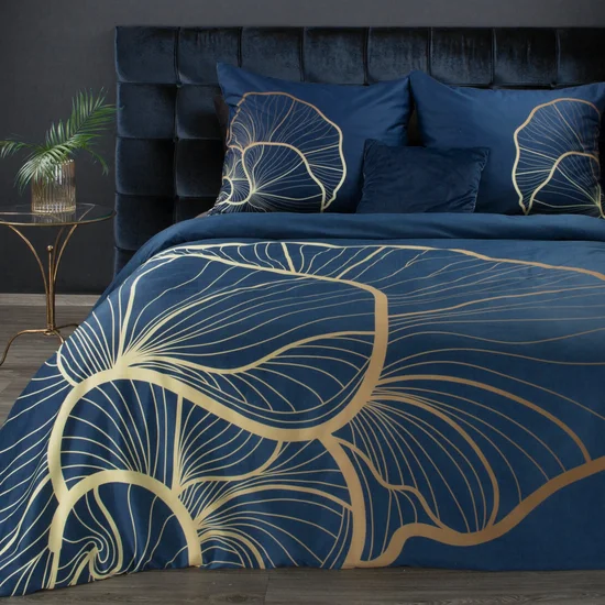 EUROFIRANY PREMIUM Komplet pościeli z makosatyny bawełnianej z designerskim złotym wzorem - 220 x 200 cm - ciemnoniebieski