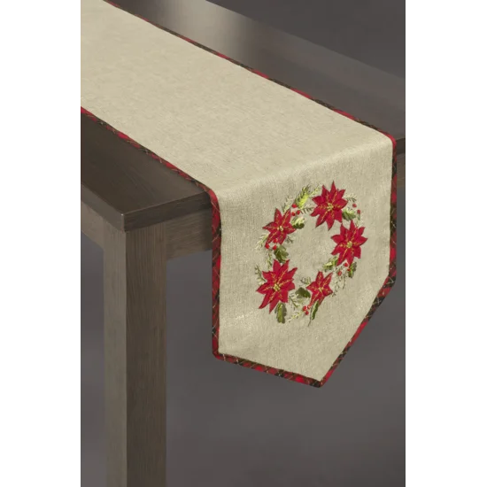 Szarfa świąteczna NILA z aplikacją w formie wianka i haftem oraz lamówką - 33 x 180 cm - beżowy