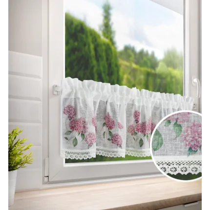 Zazdrostka z etaminy zdobiona nadrukiem kwiatów i koronką Zazdrostka z etaminy zdobiona nadrukiem kwiatów i koronką - 150 x 30 cm