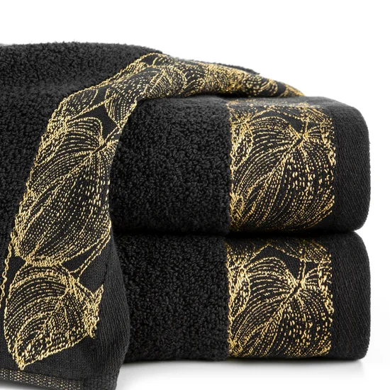 Ręcznik AGIS z żakardową bordiurą z motywem liści, ZERO TWIST - 70 x 140 cm - czarny