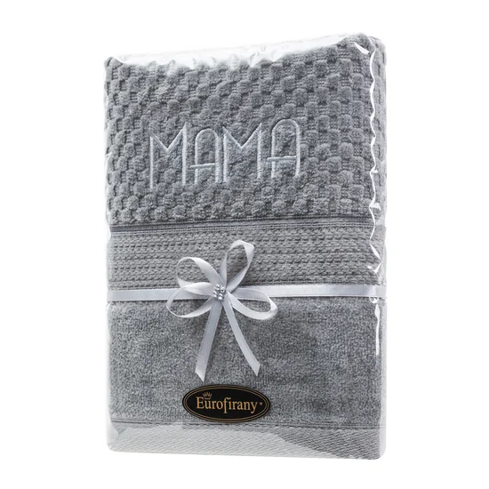 Zestaw prezentowy - ręcznik z haftem MAMA - 20 x 25 x 5 cm - stalowy
