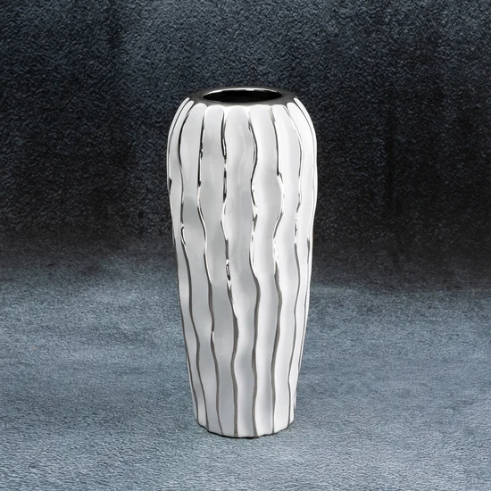 Wazon ceramiczny SAVANA przecierany biało-srebrny - ∅ 28 x 13 cm - biały