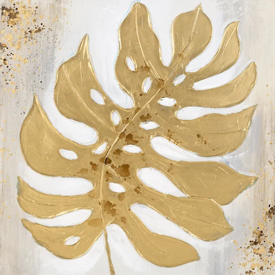 Obraz GOLDIE  złoty liść monstery ręcznie malowany na płótnie - 60 x 60 cm - złoty