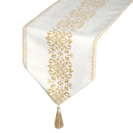 Bieżnik MAJORKA w stylu glamour zdobiony złotym ornamentem i chwostami 30 x 120 cm biały,złoty