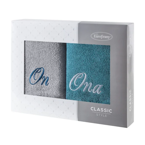 Zestaw upominkowy 2 szt ręczników  z haftem ONA i ON w kartonowym opakowaniu na prezent - 46 x 36 x 7 cm - popielaty