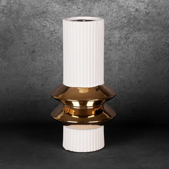 Wazon ceramiczny MONA z geometrycznym motywem biało-złoty - ∅ 13 x 25 cm - biały